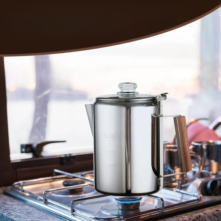 KFO Cafetière Percolateur Acier Inoxydable 1.5L 12 Tasses - Camping, Induction, Gaz & Feu De Camp Avec Poignée Anti-Chaleur