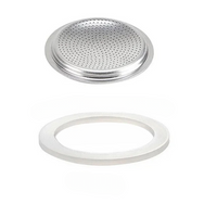 Joint Cafetiere Italienne en Silicone Blanc, et son tapis argenté, sur un fond blanc.