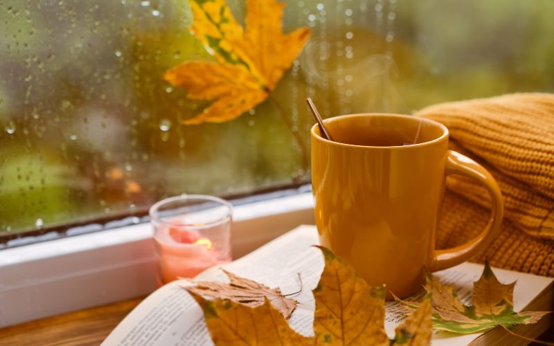 Tasse de café orange, posée sur un livre ouvert près d'une fenêtre, on voit la pluie qui tombe et une feuille morte qui s'est collée sur la vitre.