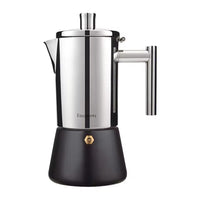 Cafetiere 6 Tasses en Acier Inoxydable Moderne, de couleur argenté, sur un fond blanc. Le socle, base du bas de la cafetiere est noir mat