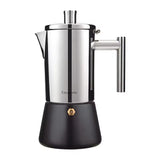 Cafetiere 6 Tasses en Acier Inoxydable Moderne, de couleur argenté, sur un fond blanc. Le socle, base du bas de la cafetiere est noir mat