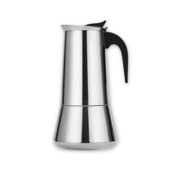 Cafetière Italienne 12 Tasses en Acier Inoxydable, sur un fond blanc.