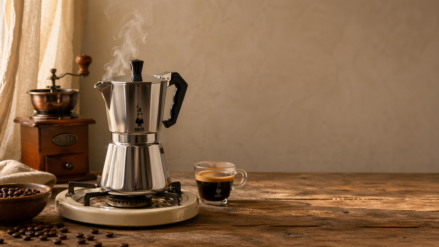 Cafetière italienne en inox sur plan de travail avec grains de café et tasse d'espresso