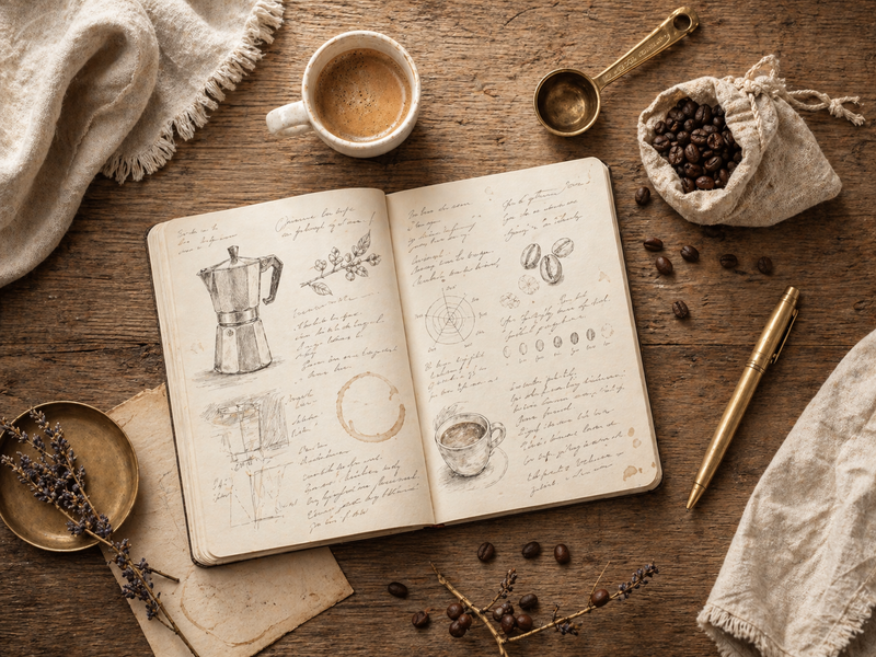 Flat lay d'un carnet de notes de dégustation café ouvert avec tasse d'espresso à la crema dorée, grains de café torréfiés et accessoires en laiton sur bureau en bois