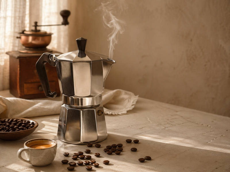 Cafetière italienne en inox polie sur plan de travail cuisine, vapeur s'échappant du bec verseur, grains de café arabica et tasse d'espresso en arrière-plan