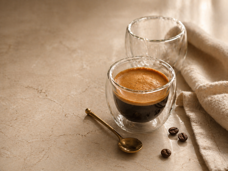 Paire de tasses à café en verre double paroi avec espresso et crema dorée, cuillère en laiton et serviette en lin ivoire sur table en marbre