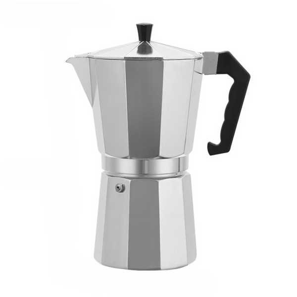 Cafetière Italienne 12 Tasses Octogonale en Aluminium, sur un fond blanc.