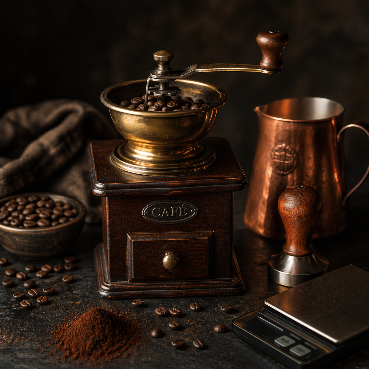 Accessoires barista avec moulin manuel, tamper et pichet en cuivre
