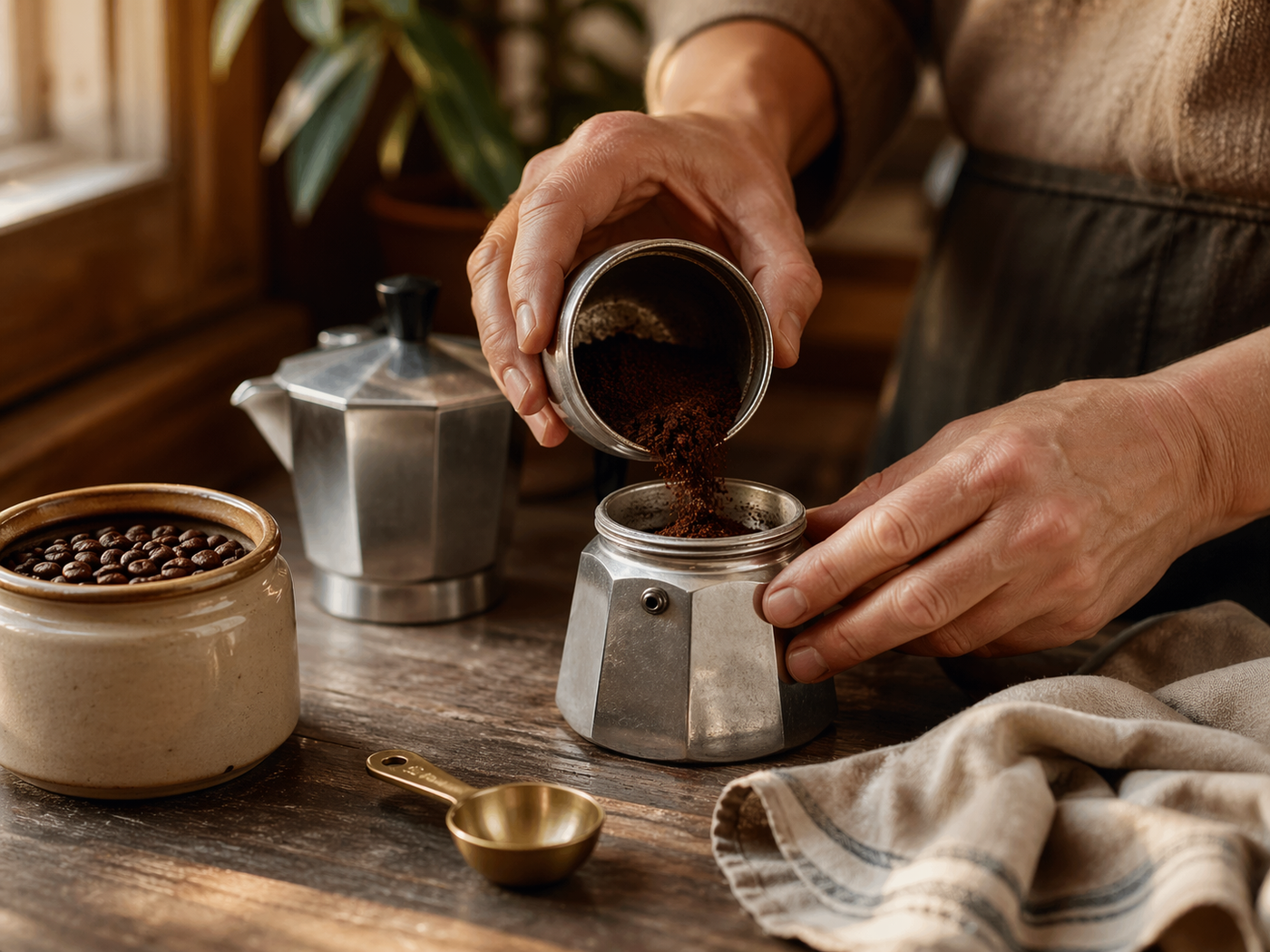 Mains versant du café moulu dans une cafetière italienne