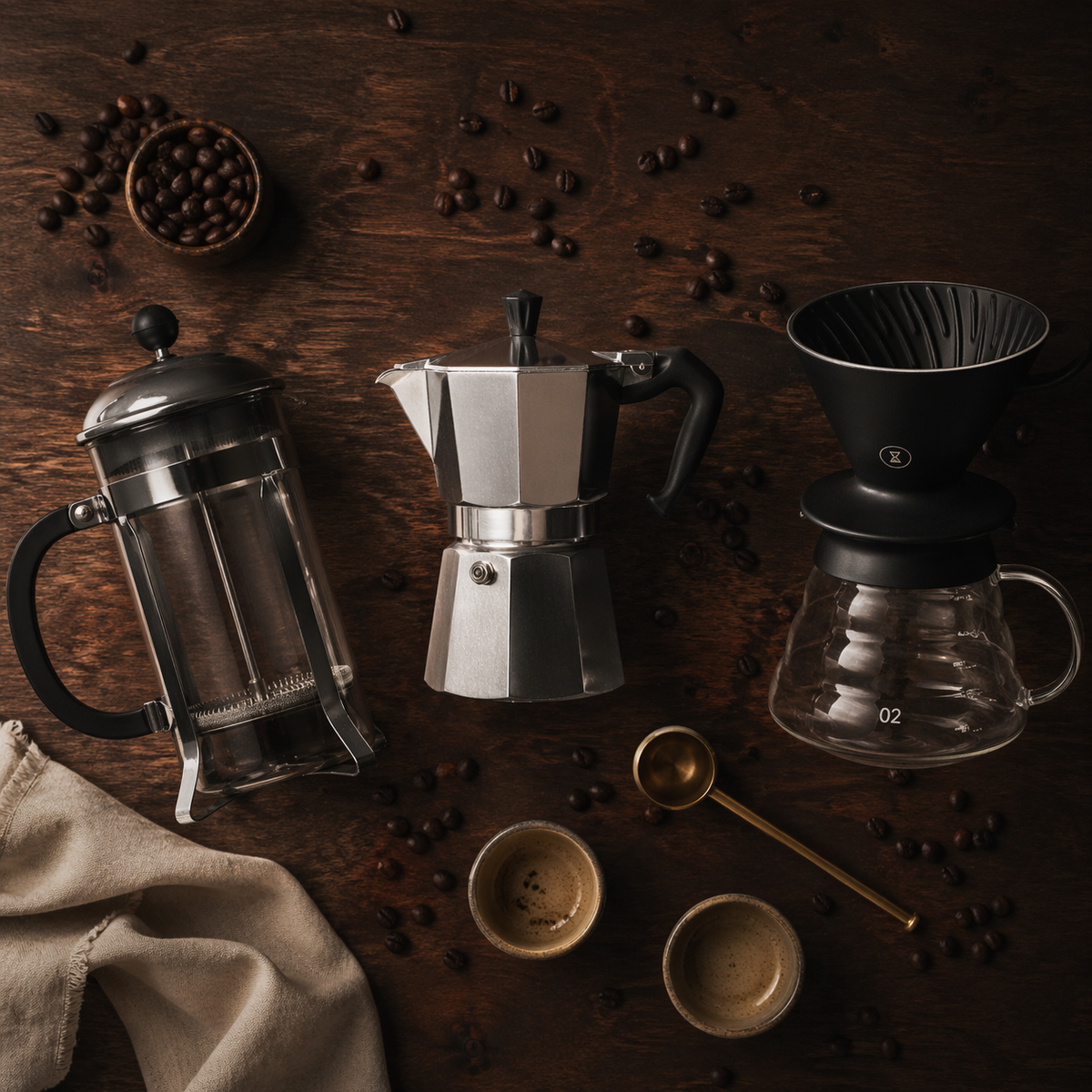 Assortiment de cafetières italiennes, à piston et filtre sur plan de travail en bois
