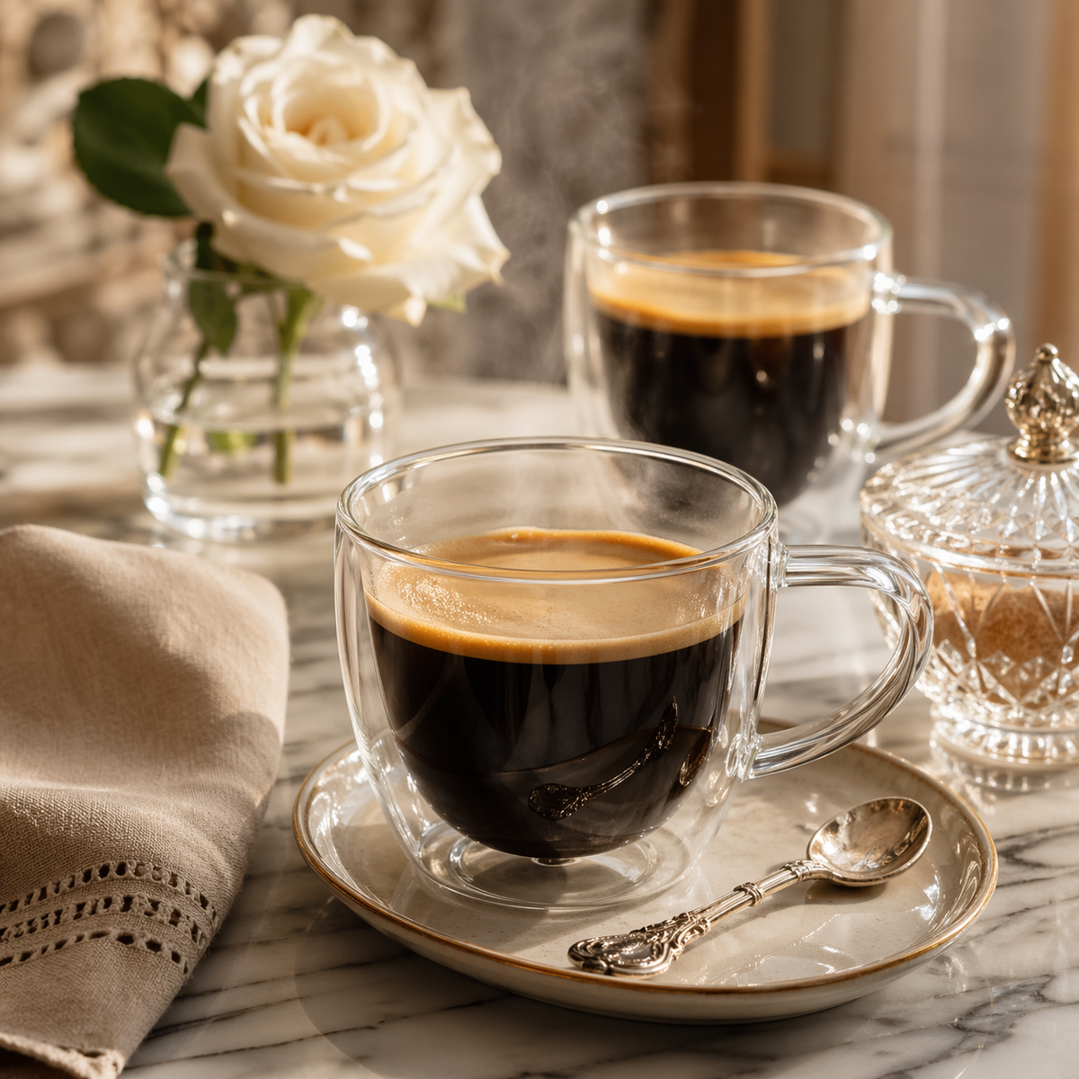 Service à café avec tasses double paroi en verre et accessoires en cuivre