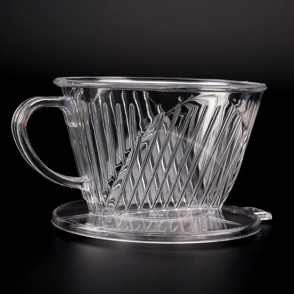 Porte Filtre à Café Transparent Goutte à Goutte sur fond noir.